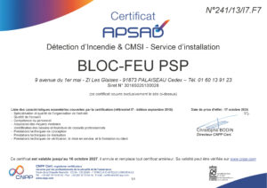 Certificat APSAD Détection Incendie CMSI Installation Bloc Feu